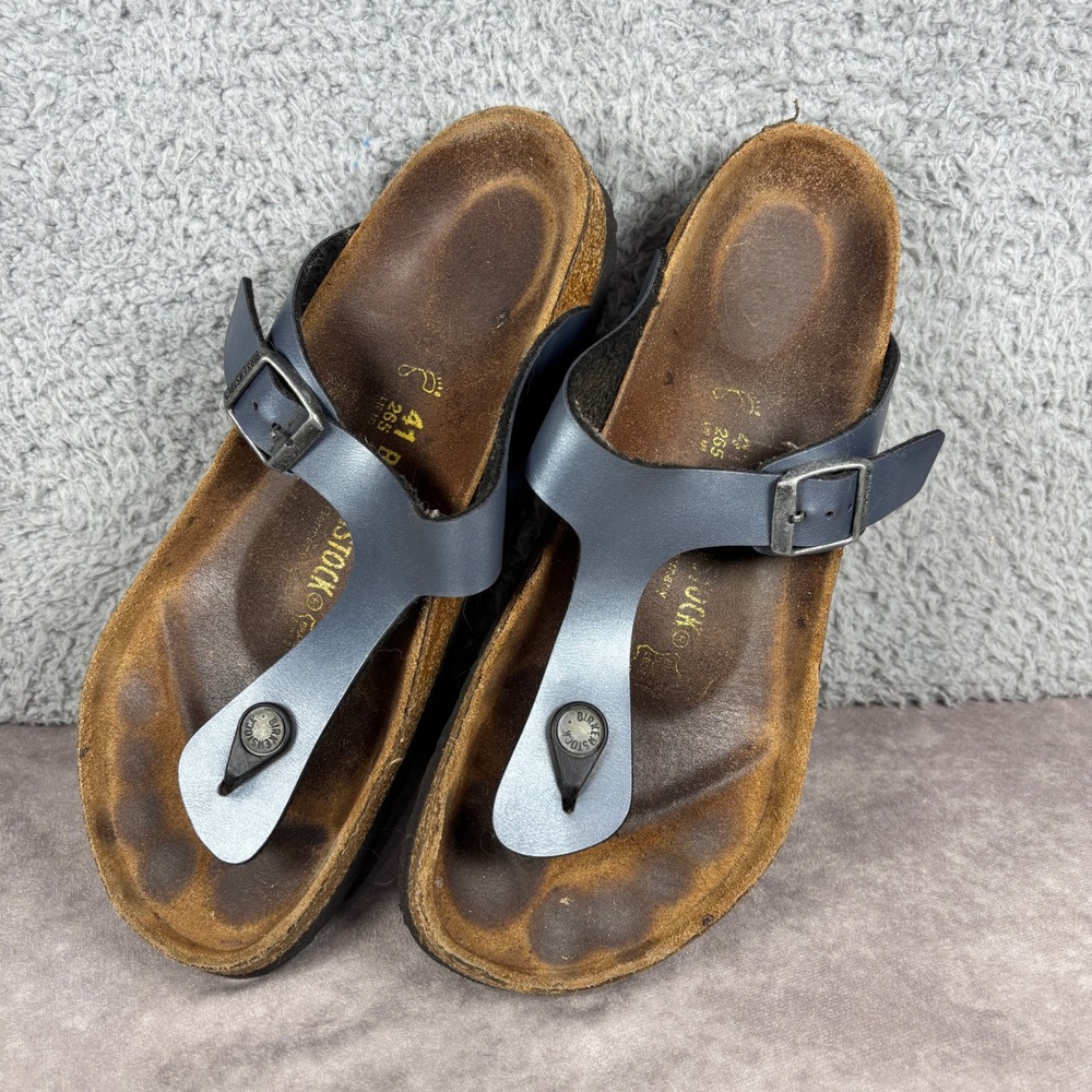 Birkenstock Sandals Womens 41 Blue Gizeh Birko-Flor Metallic Thong Cork Footbed